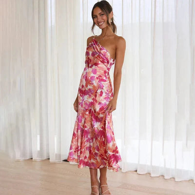 One-shoulder asymmetrical dress with elegant cut, soft stretchy fabric, and modern silhouette—perfect for weddings, galas, and formal events.