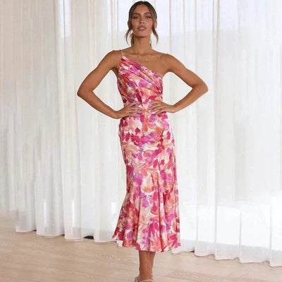 One-shoulder asymmetrical dress with elegant cut, soft stretchy fabric, and modern silhouette—perfect for weddings, galas, and formal events.