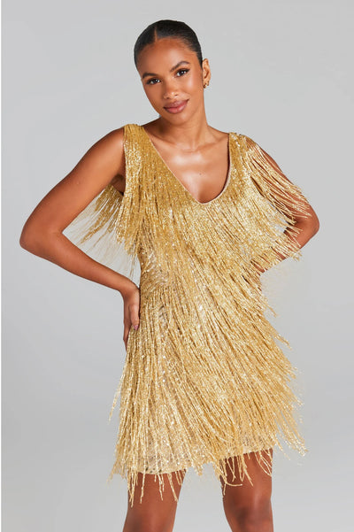 Dazzling fringe mini dress with shimmering fringes, bodycon silhouette, and flattering fit – perfect for parties, celebrations, and glamorous nights out.