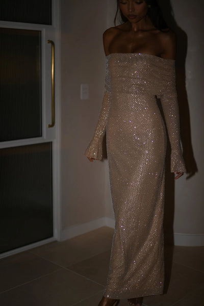 Off-Shoulder Shimmer Maxi Dress