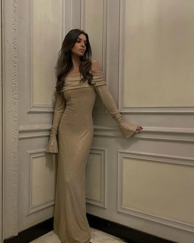 Off-Shoulder Shimmer Maxi Dress