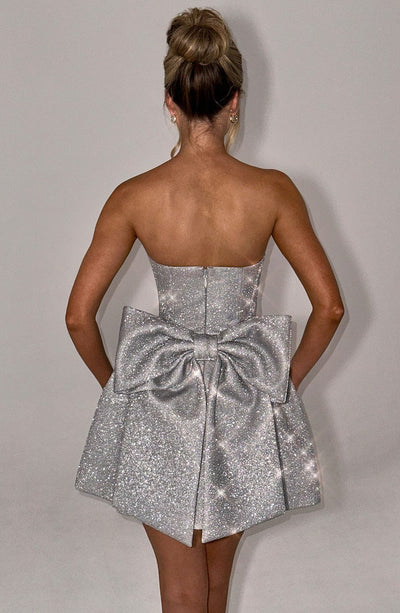 Shimmering Back Knot Mini Dress