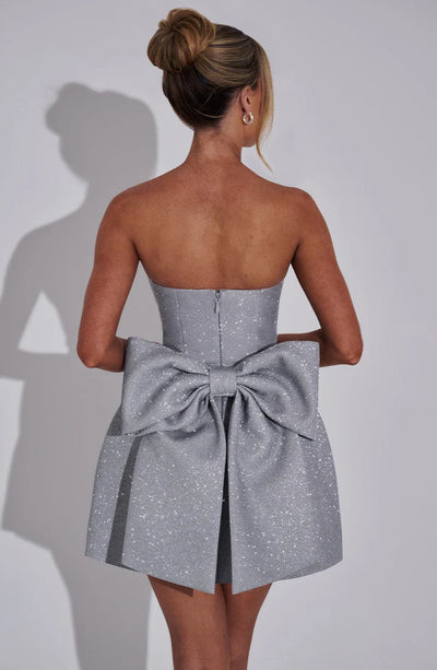 Shimmering Back Knot Mini Dress
