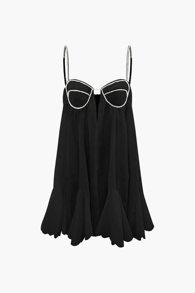 Elegant V-neck mini dress with rhinestone decor, fitted silhouette, and semi-transparent cotton blend fabric—perfect for casual and evening wear.