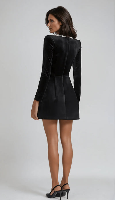 Embellished neckline velvet mini dress with a rich velvet finish, intricate embellishments, and flattering mini silhouette—perfect for formal events and festive occasions.